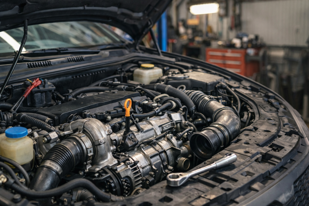Open car engine hood showing engine components and a wrench on the frame