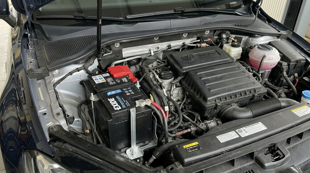 Volkswagen car engine bay with engine, battery, coolant reservoir, and other components
